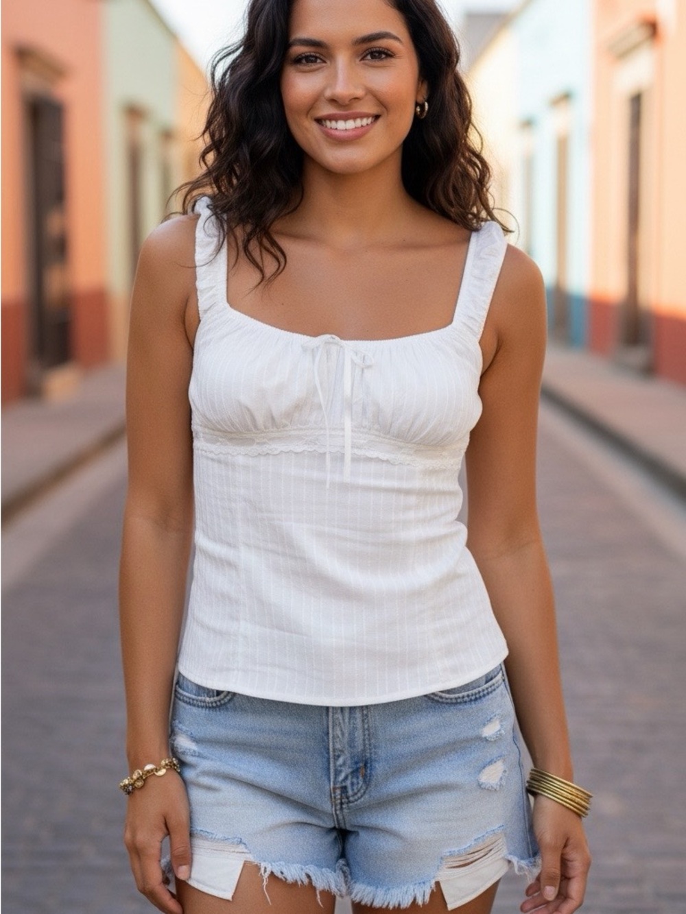Princess Polly Garconne textured White Ribbed Square-Neck top with Tie